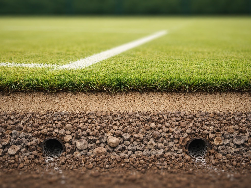 Gros plan d’un terrain de tennis avec une coupe visuelle discrète montrant la couche de surface et le drainage sous-jace