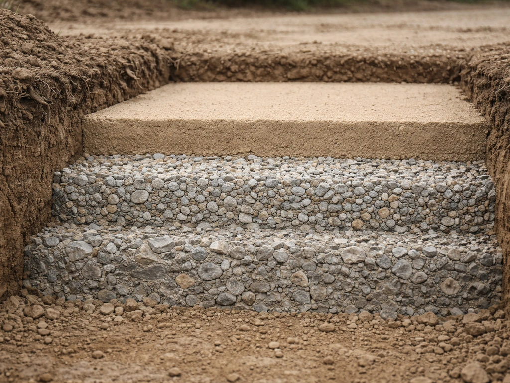 Coupe d’une tranchée de terrasse montrant l’empilement de couches de base (fondation, drain, sous-couche).