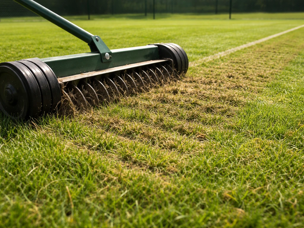 Gazon de tennis vert après scarification, outils à proximité et travail du sol au printemps