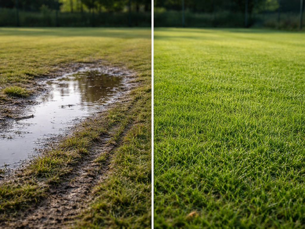 Court de tennis en gazon : eau stagnante à un endroit et zone plus sèche à côté, herbe écrasée visible.