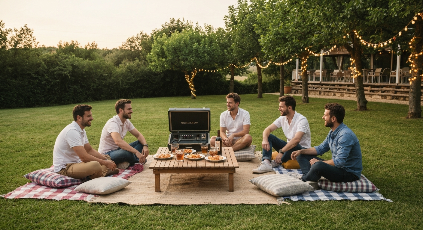 Groupe d'amis profitant d'un apéro sur la pelouse avec enceinte et guirlandes lumineuses
