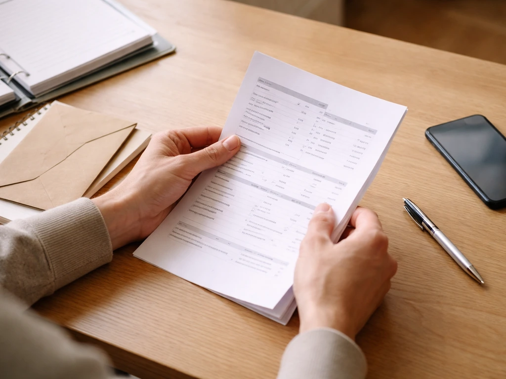 Mains anonymes sur un bureau, documents de crédit et téléphone flou, ambiance de vérification des informations légales.