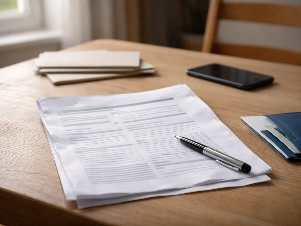 Table avec documents financiers ouverts et stylo, ambiance de vérification avant de signer.