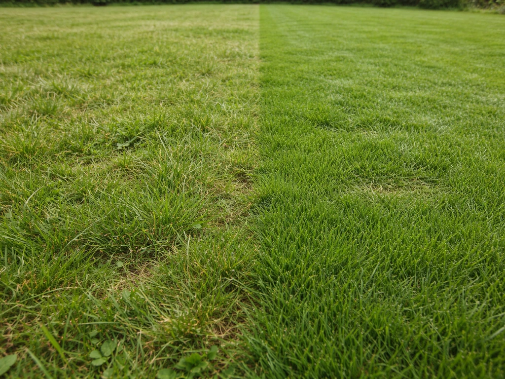 Deux zones de pelouse : une rustique naturelle et une sportive dense, avec légères traces de piétinement.