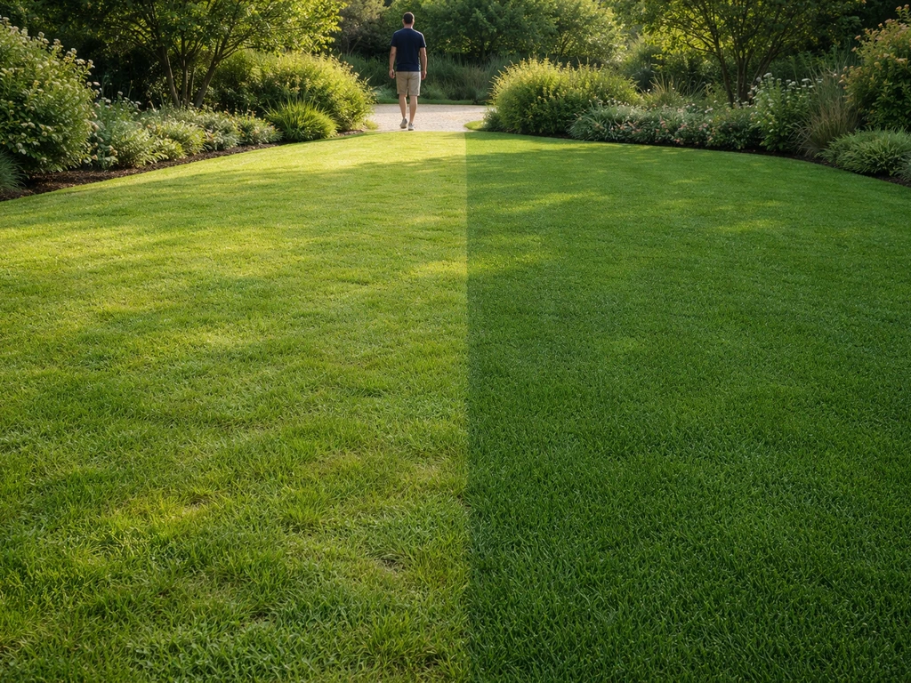 Comparaison visuelle de deux zones de pelouse dans un jardin : rustique plus tolérant, sport plus résistant.