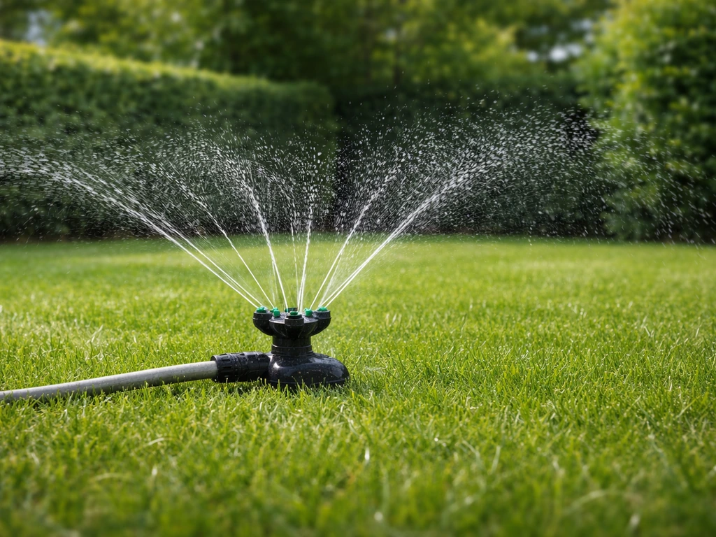 Arroseur sur une pelouse projettant un fin jet d’eau, jardin au calme, vue réaliste et minimale.
