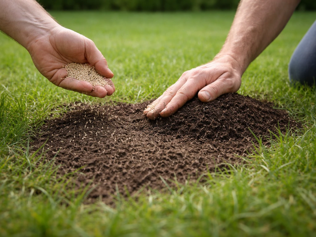 Jardinier au travail près d’une tache nue de gazon, scarification légère et regarnissage avec terreau