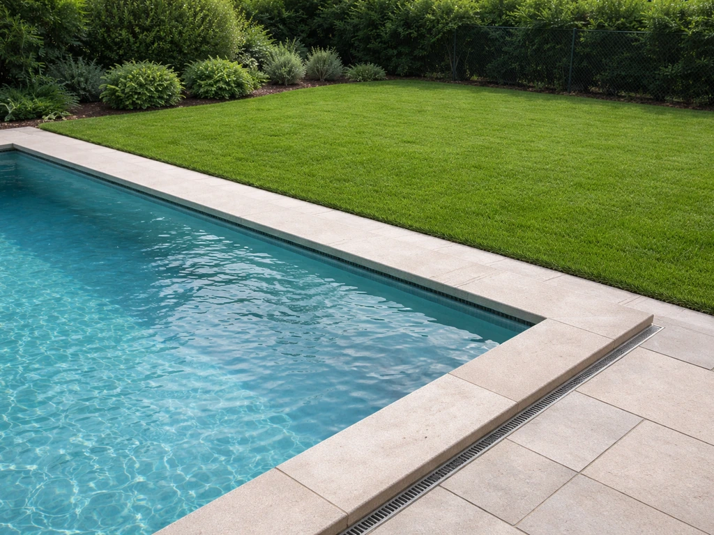 Piscine au sel avec bordure soignée et pelouse verte juste à côté, ambiance jardin pour protéger le gazon.