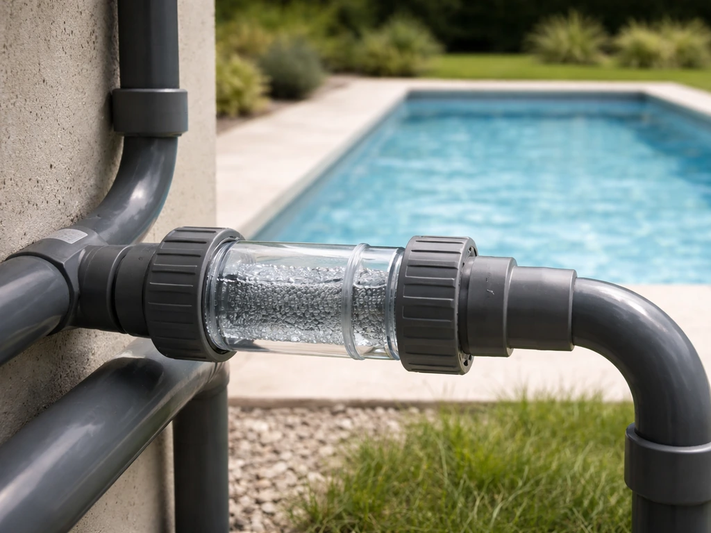 Cellule au sel à côté d’une piscine, eau qui circule vers le bassin, ambiance jardin, sans texte.
