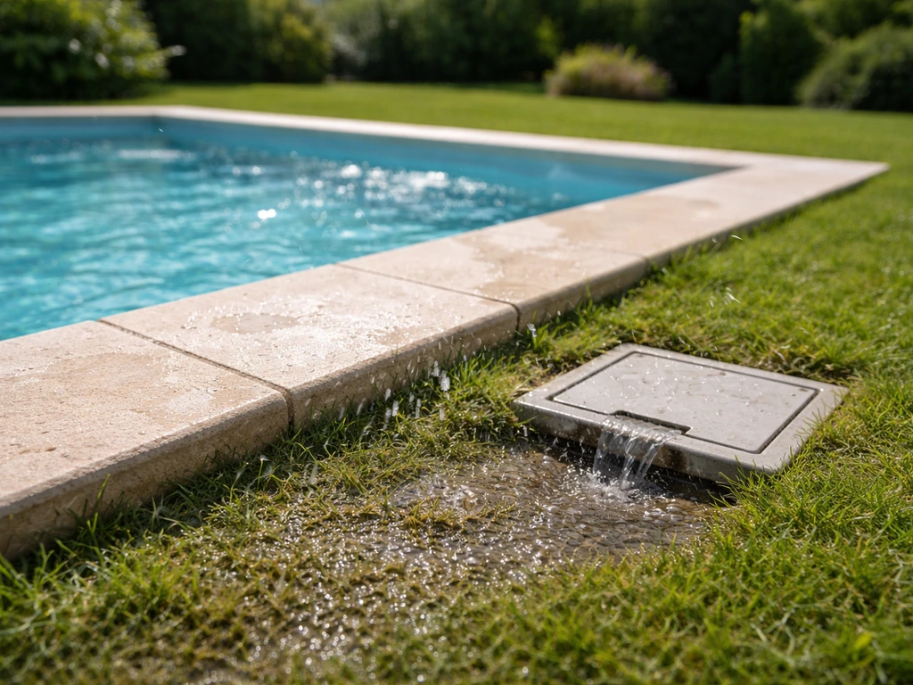 Pourtour d’une piscine : margelle et pelouse avec de petites projections d’eau près de la sortie.