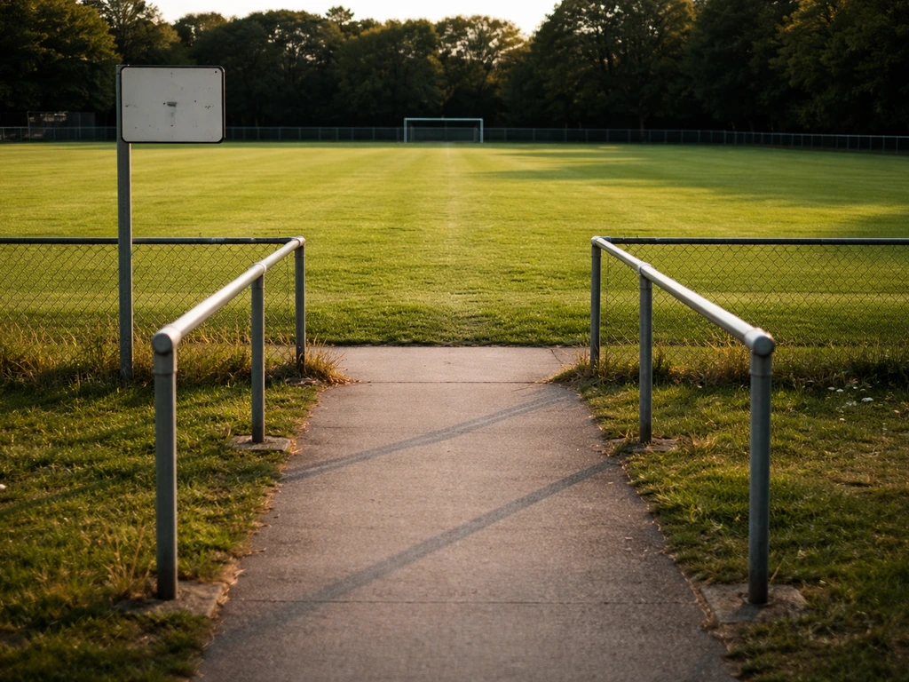 Entrée d’un stade de football avec un terrain en herbe vert et une signalétique d’accès discrète, sans texte.