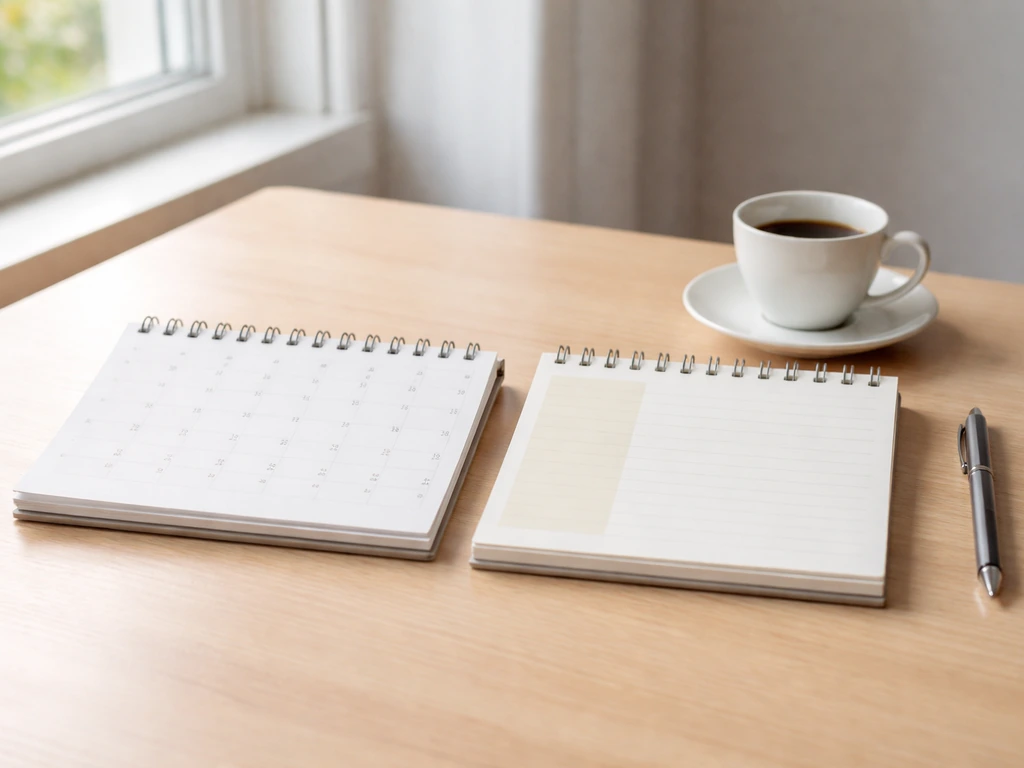 Vue minimale d’un bureau avec deux calendriers papier, l’un ouvert sur une semaine régulière, l’autre sur un jour spécia