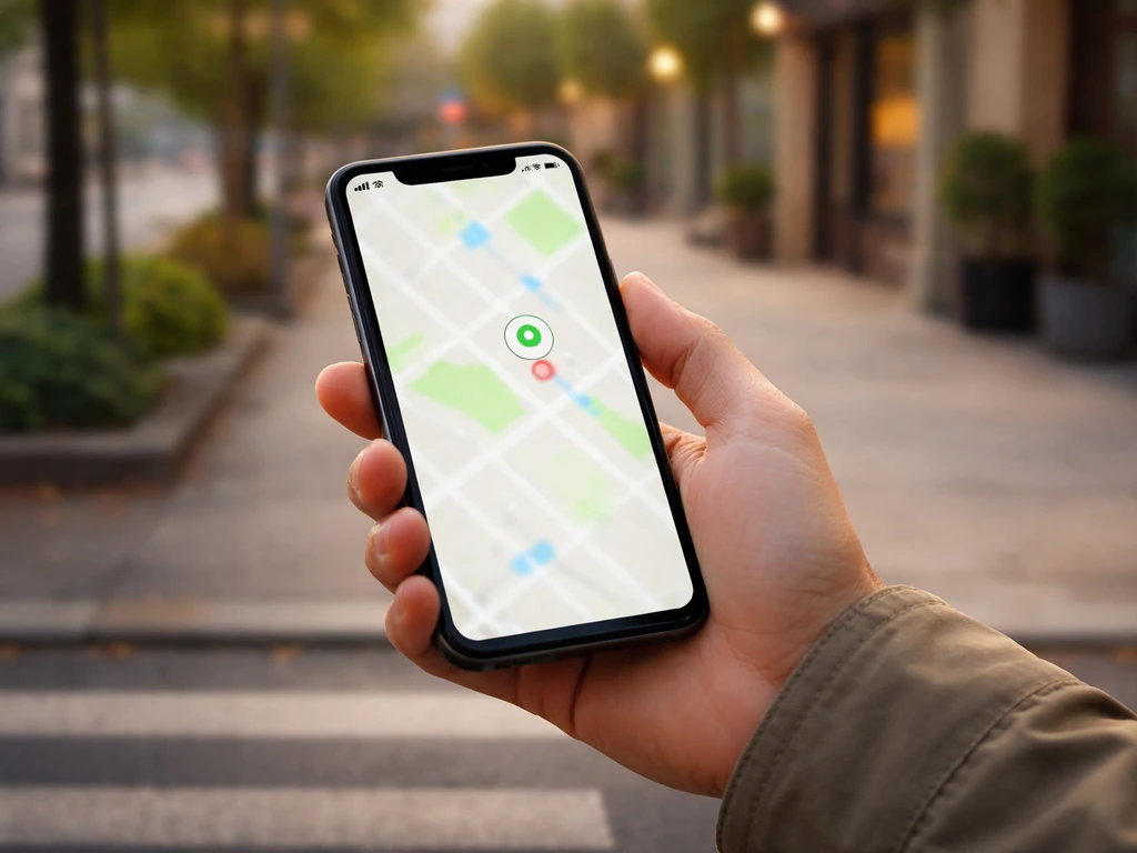 Main tenant un smartphone montrant une carte floue et un statut d’ouverture pour préparer son accès.