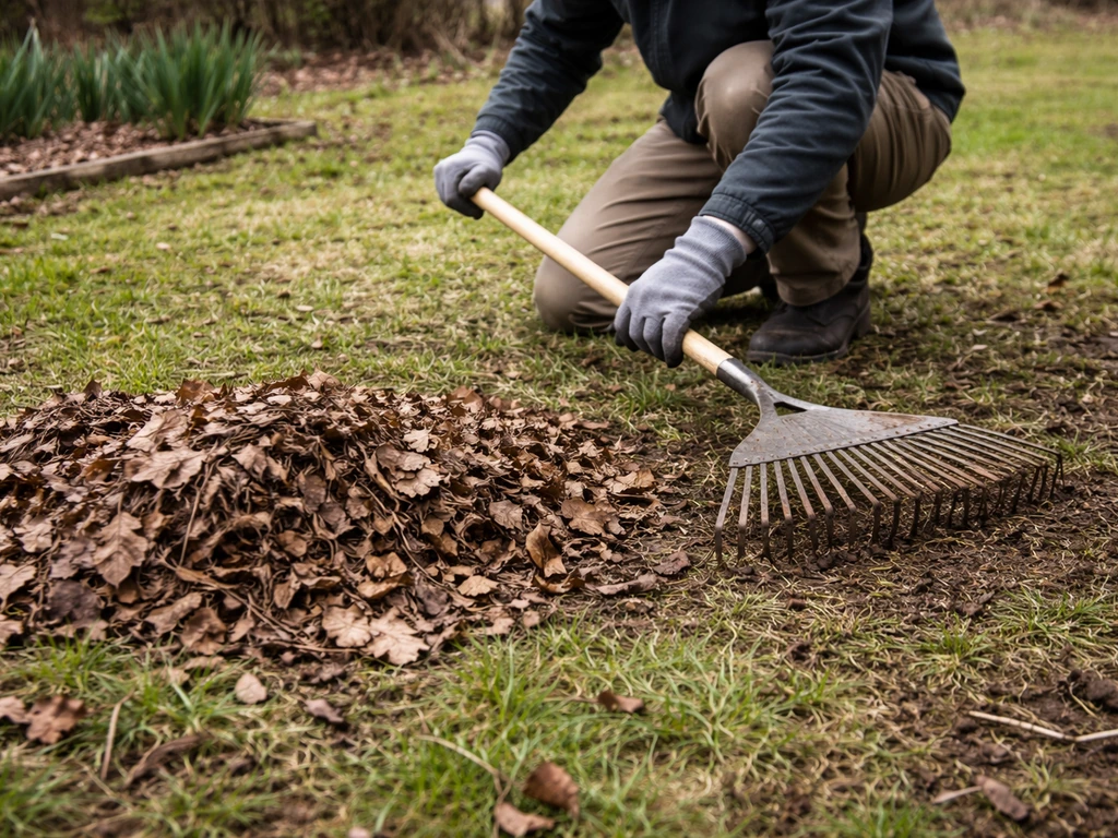 Une personne ratisse des feuilles mortes sur une pelouse avant la tonte de mars.