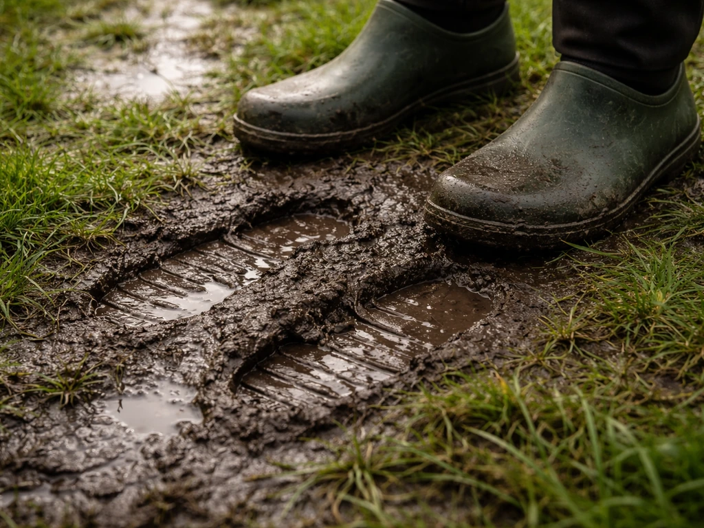 Sol de jardin détrempé où des chaussures s’enfoncent et la terre reste collante