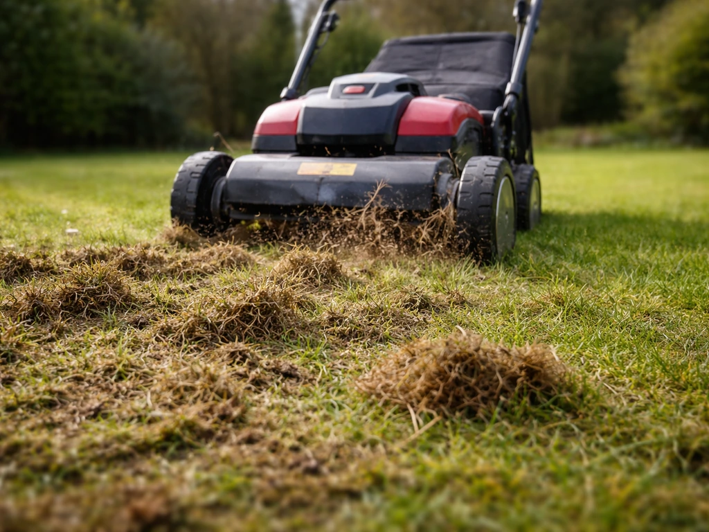Pelouse de printemps après tonte, scarificateur à dents tiré, feutre gratté et résidus visibles