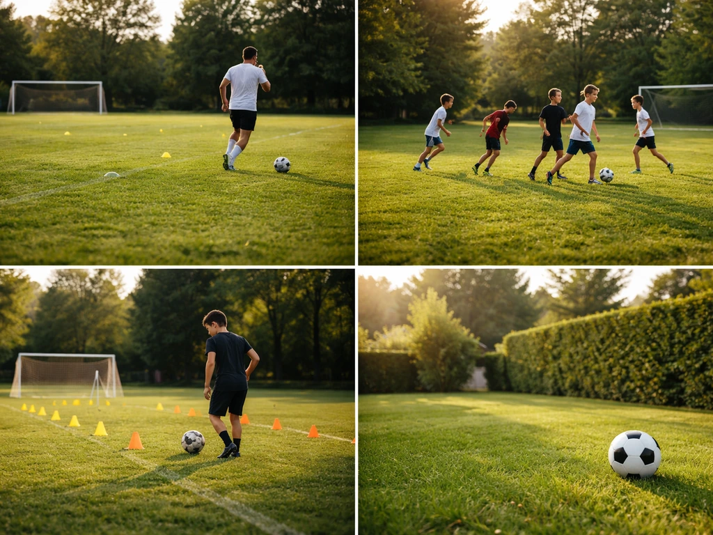 Quatre mini-scènes photo de terrains : entraînement foot, groupe en école/club, entraînement technique, pelouse de jardi