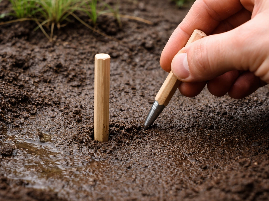 Main enfonçant un crayon à bout métallique dans une terre humide, montrant un refus d’enfoncement.
