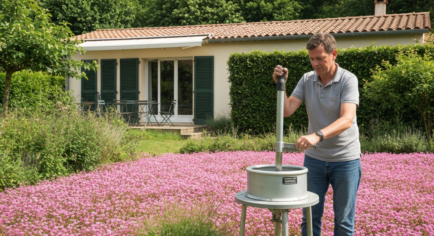 Personne ajustant la hauteur d'une tondeuse au petit matin sur une pelouse en rosée, lumière douce.