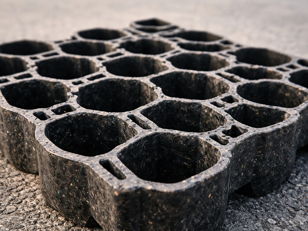 Gros plan d’une dalle gazon en PEHD recyclé, alvéoles et texture du plastique bien visibles.