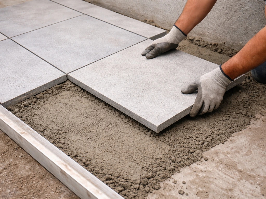 Mains gantées posant une dalle sur un lit de pose nivelé, alignée sur une bordure, avec joints de continuité.
