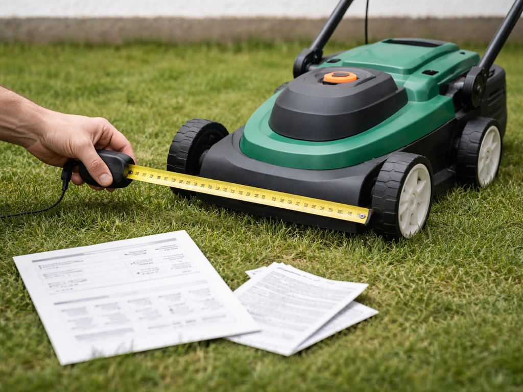 Main mesurant la largeur de coupe d’une tondeuse avec un mètre ruban, près d’une notice technique floue.
