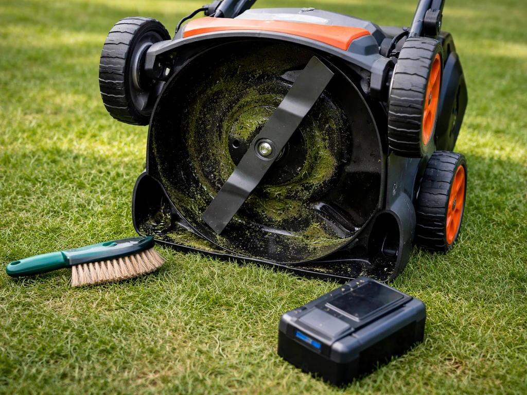 Tondeuse à l’arrêt sur pelouse, batterie retirée et dessous du plateau nettoyé, lame inspectée en sécurité.
