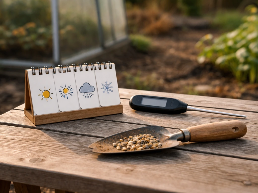 Table de jardin avec trois actions avant/pour le gel : calendrier météo, thermomètre du sol et vérification au sol.