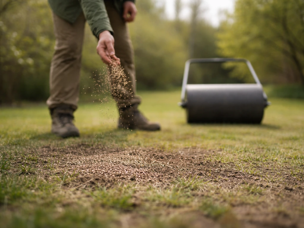Main semant des graines de gazon sur une pelouse clairsemée, avec rouleau de jardin pour améliorer le contact.