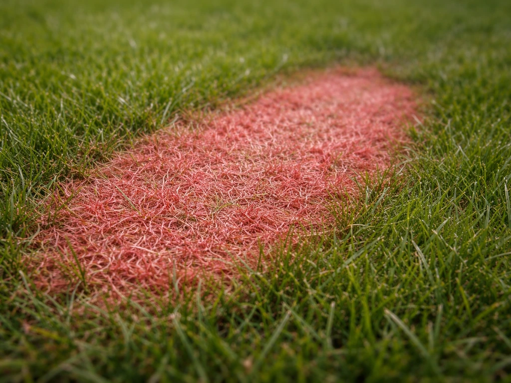 Gros plan macro d’une zone de passage ovale sur gazon, l’herbe y est rouge-rosé.