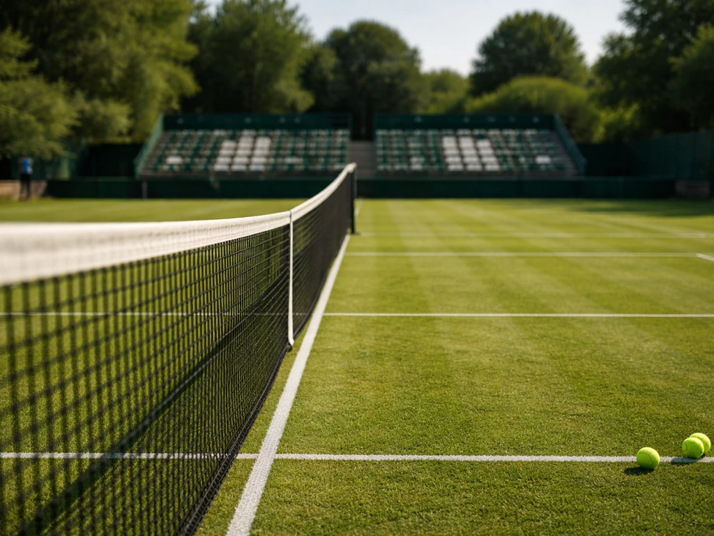 Court de tennis sur gazon naturel en France, filet tendu, lignes nettes, ambiance de tournoi avec tribunes modestes.