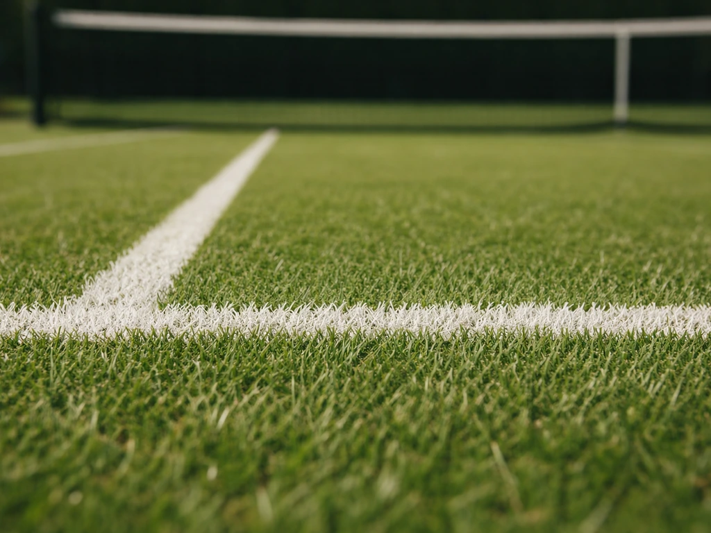Plan rapproché d’un court de tennis en gazon naturel, ligne de double et filet visibles en arrière-plan.