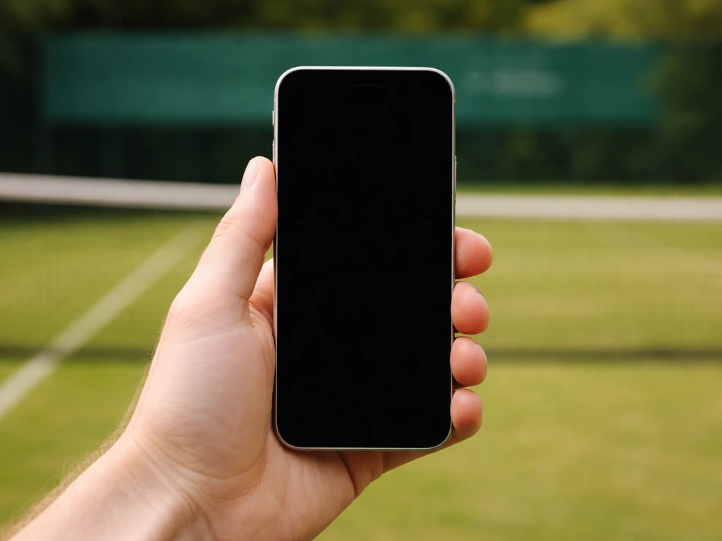 Une main tient un téléphone près d’un court en gazon naturel, ambiance de confirmation par appel.