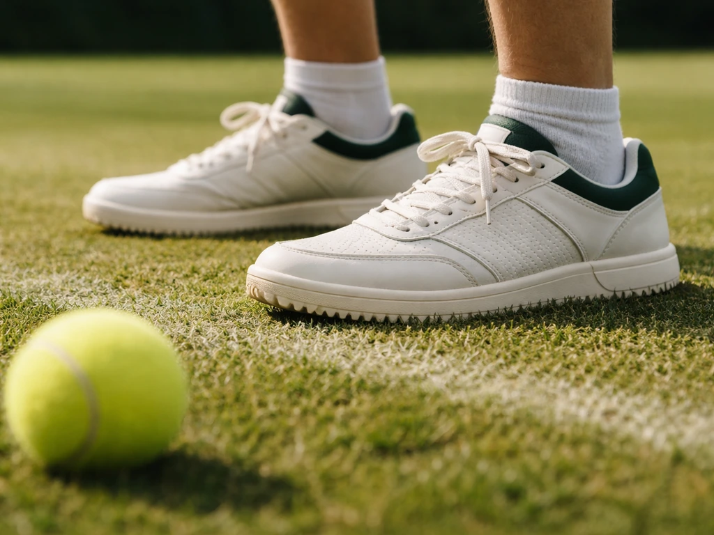 Chaussures de tennis à picots courts sur gazon naturel, une balle de tennis au sol, ambiance de préparation.